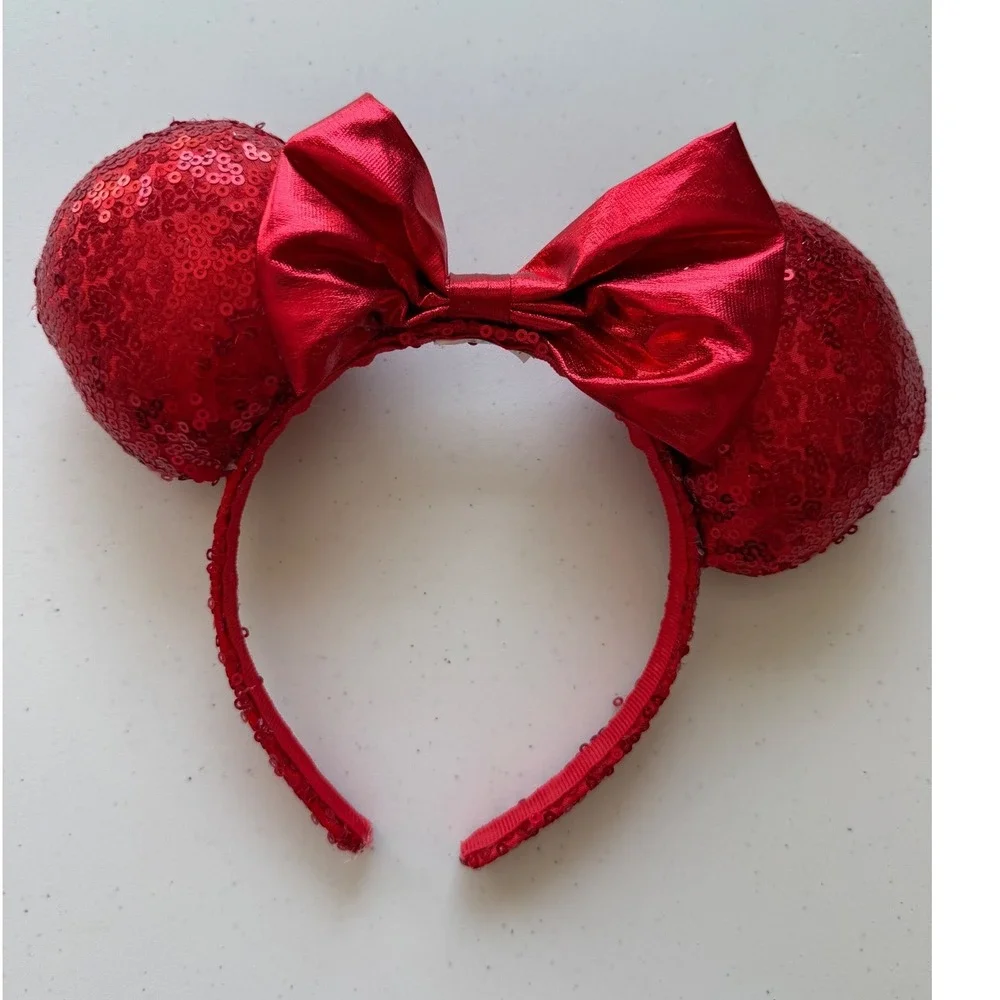 Disney Parks Solid Red Sparkle Sequins Minnie Mouse Ears Headband Vacation